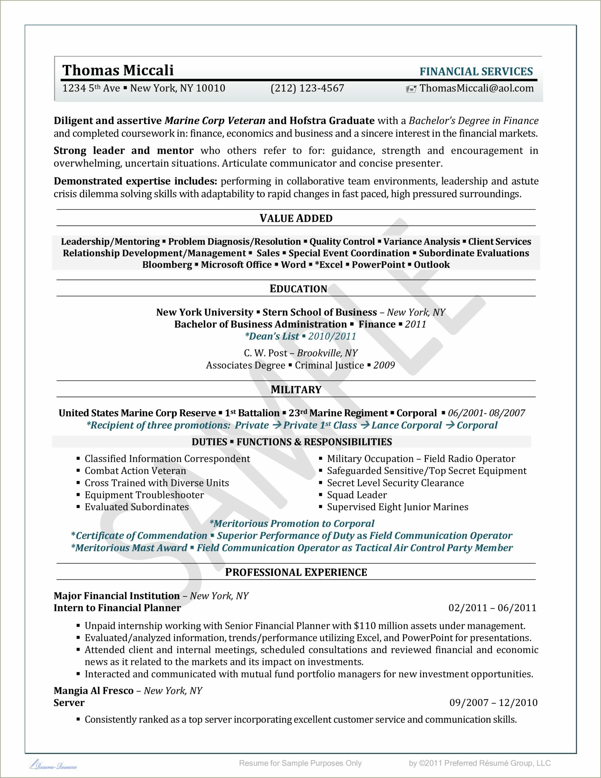 Resumes That Include Military A School