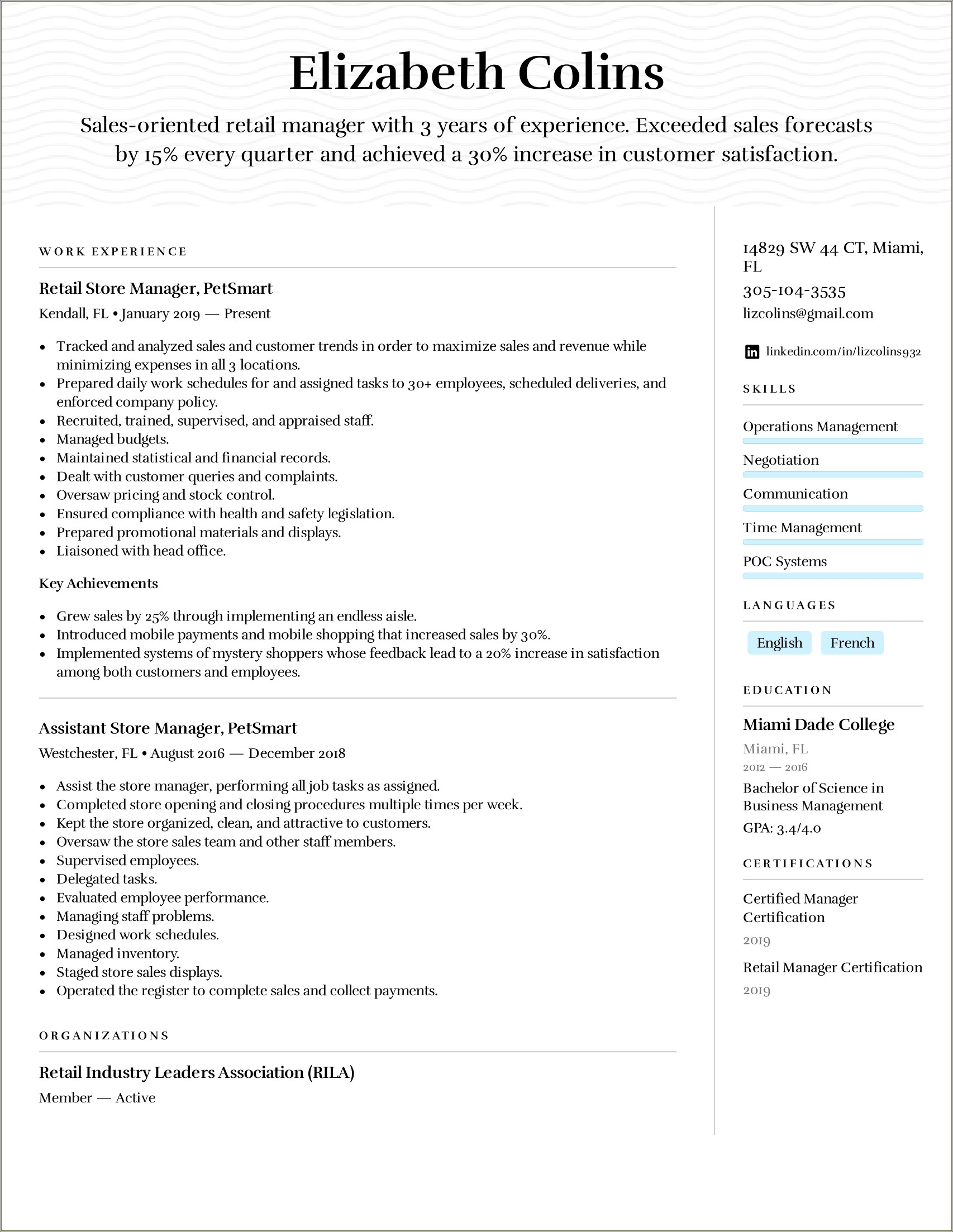 Retail Assistant Manager Description For Resume