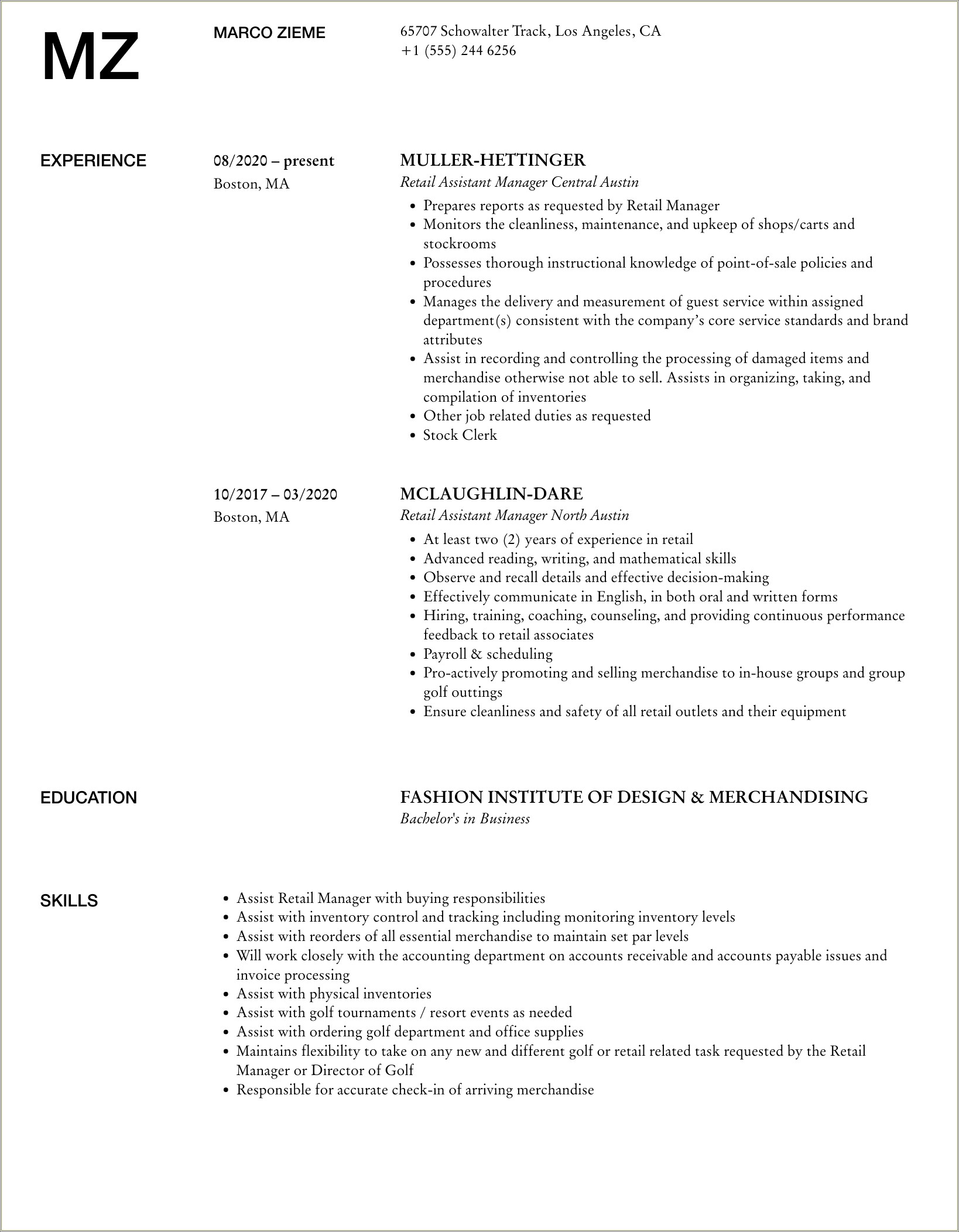 Retail Assistant Manager Duties For Resume