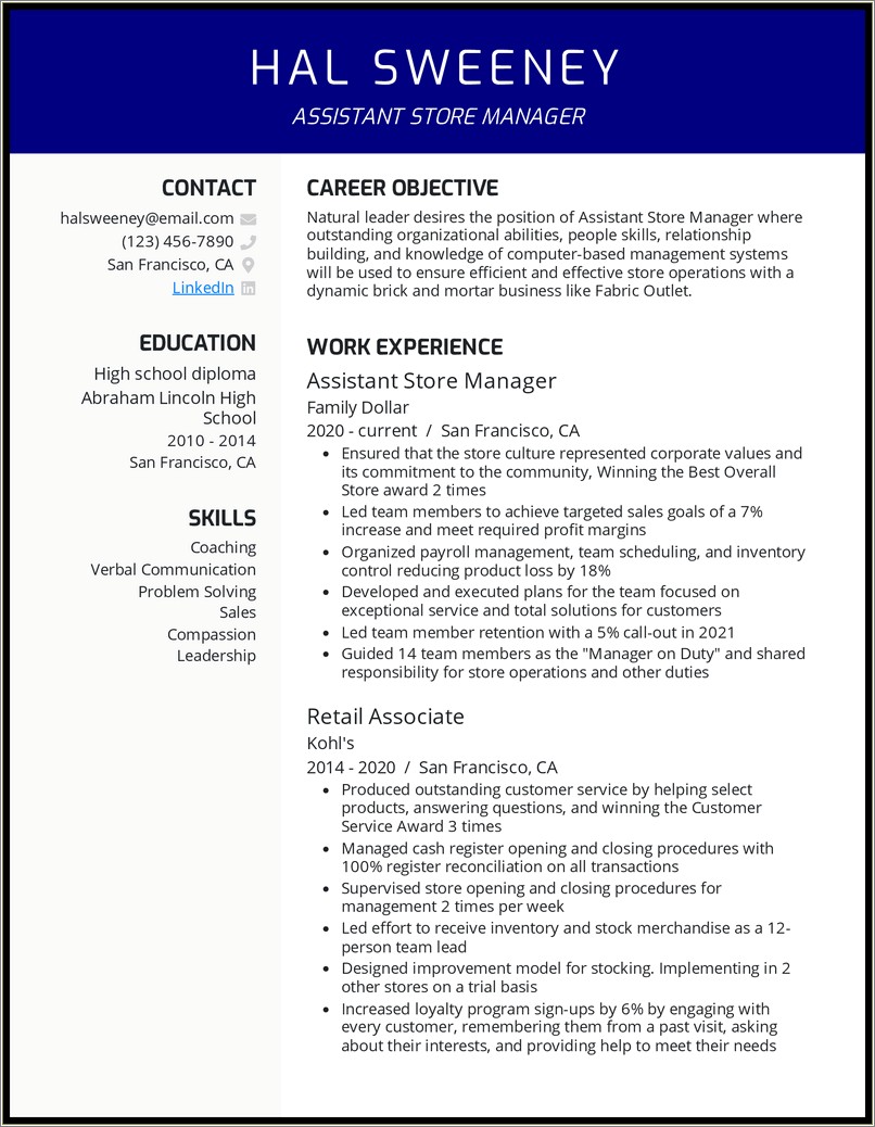 Retail Assistant Manager Job Responsibilities Resume