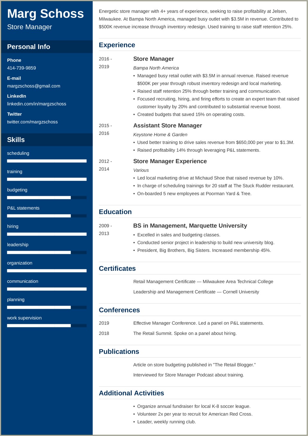 Retail Assistant Store Manager Job Description For Resume