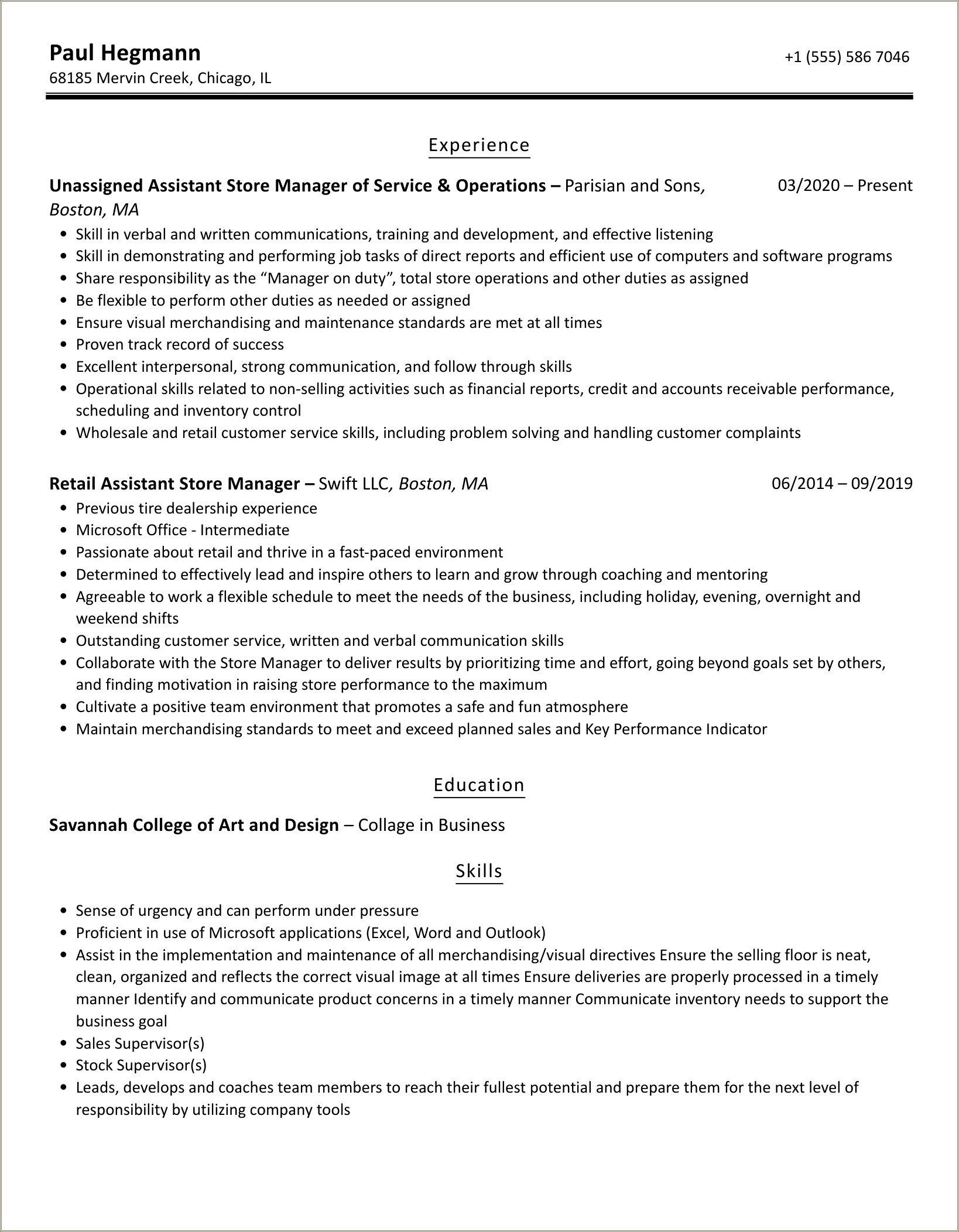 Retail Assistant Store Manager Resume Sample