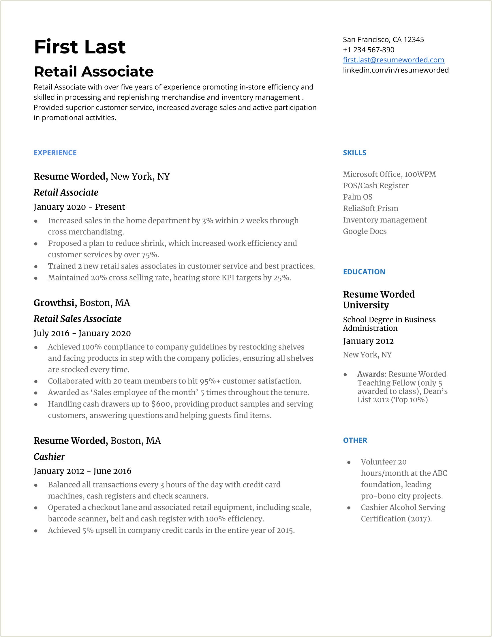 Retail Experience On Resume For Professional Careers