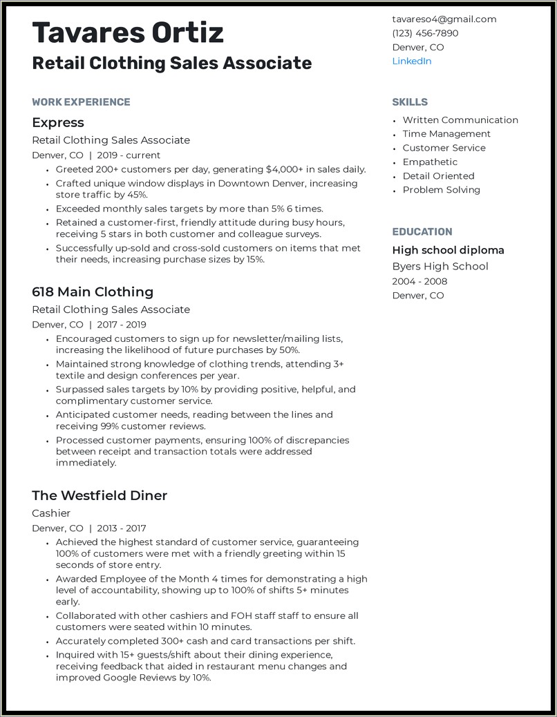 Retail Jewelry Sales Manager Resume Sample