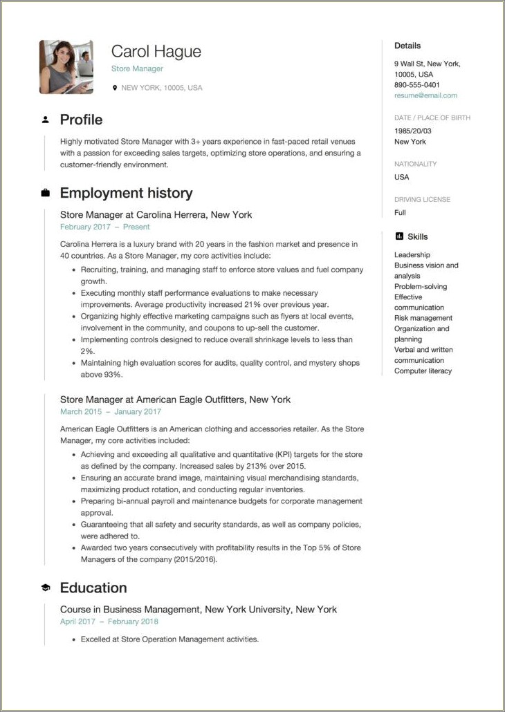 Retail Manager Experience Tasks On Resume
