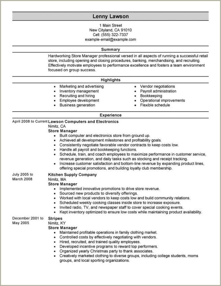 Retail Manager Job Description Sample Resume
