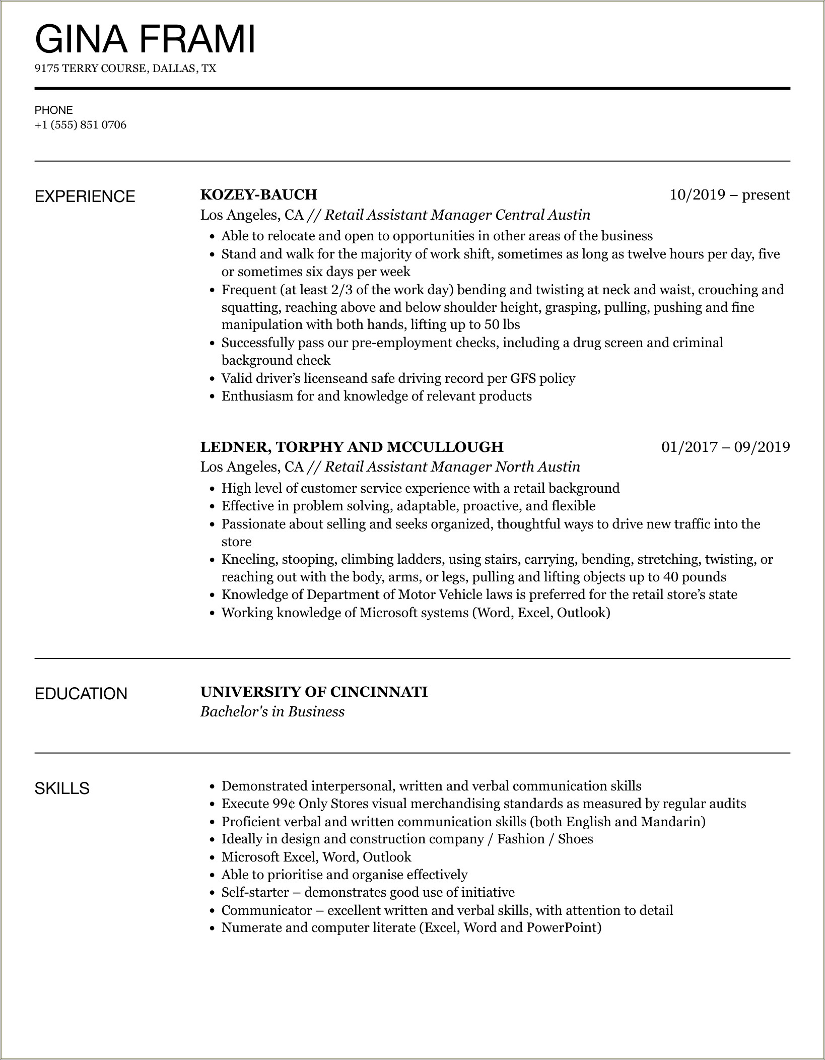 Retail Sales Assistant Manager Resume Sample