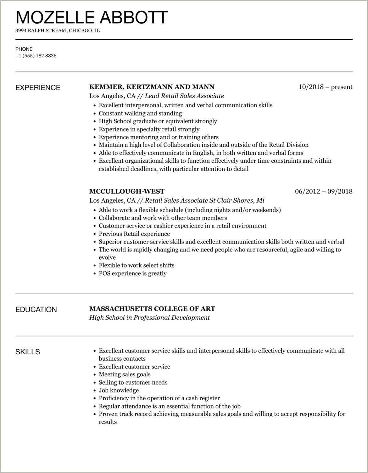 Retail Sales Associate Job Responsibilities For Resume