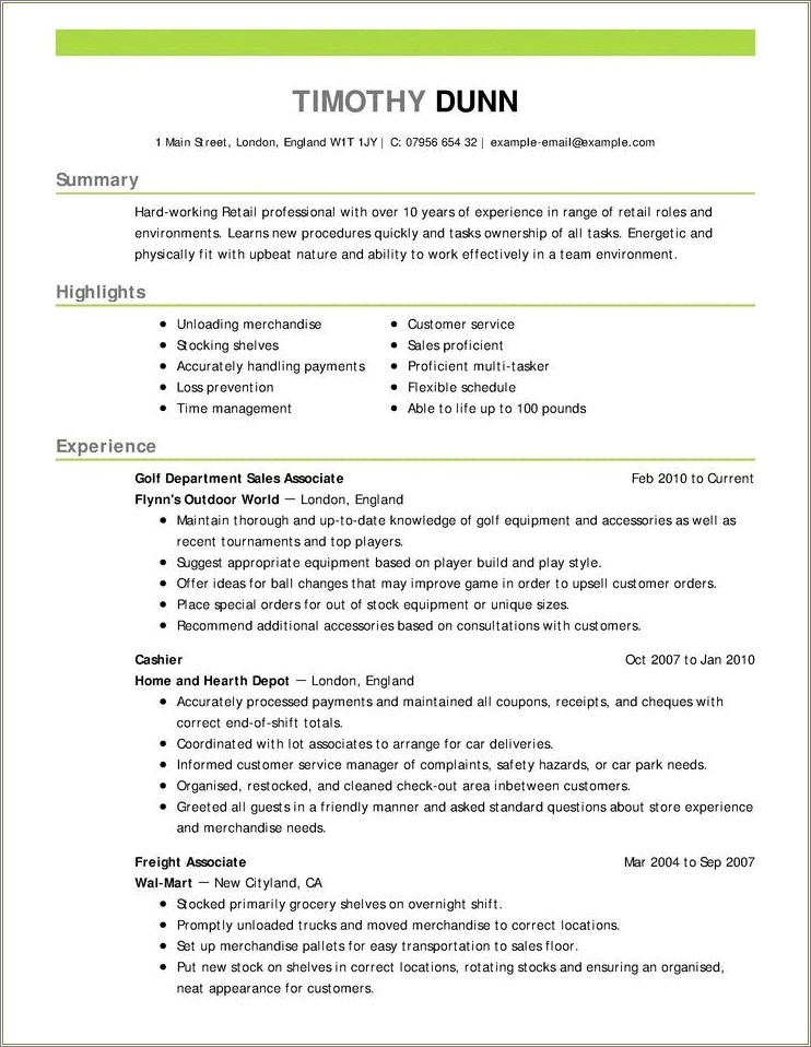 Retail Sales Associate Job Resume Description