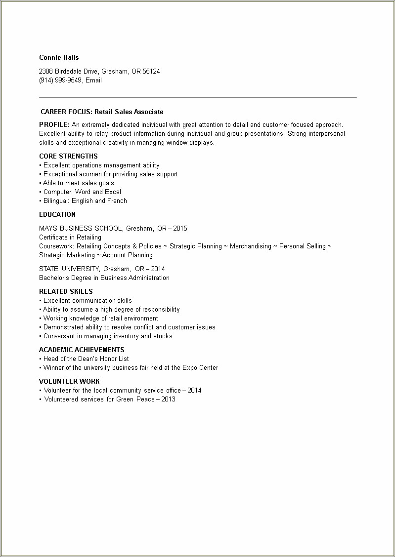 Retail Sales Associate Resume Sample Download