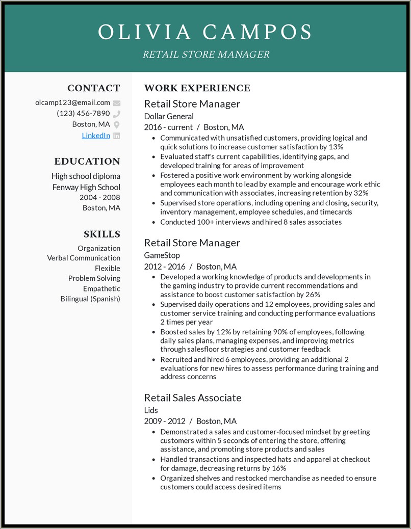 Retail Sales Manager Job Description For Resume