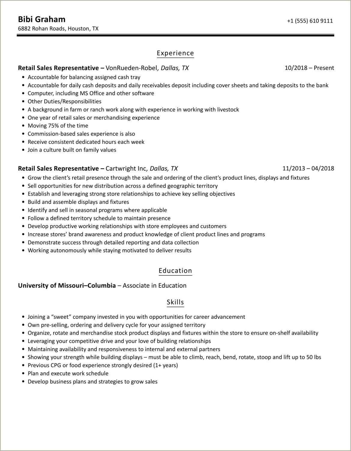 Retail Sales Rep Resume Example Free