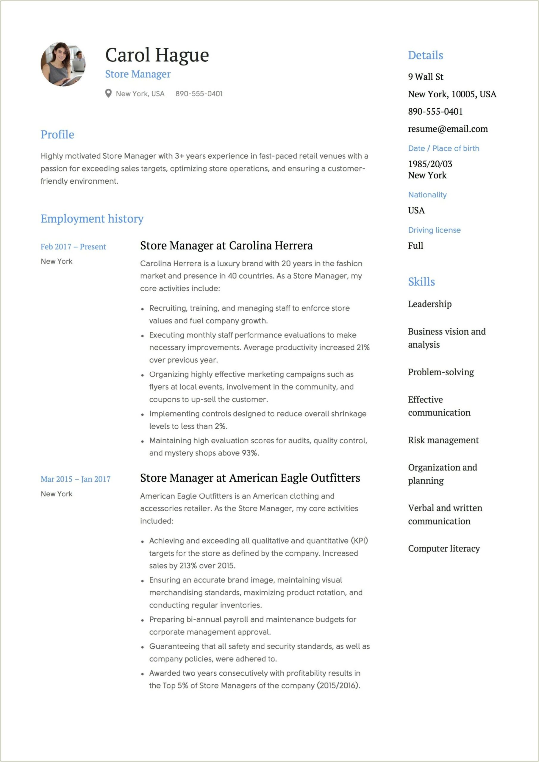 Retail Store Manager Duties To List On Resume