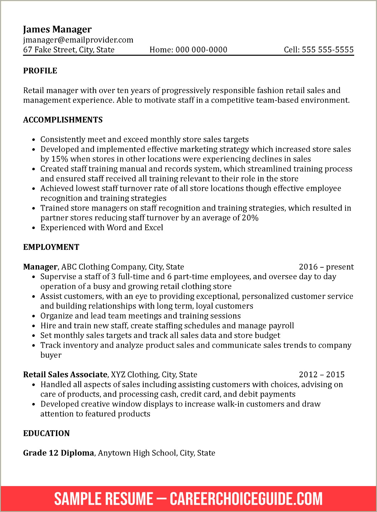 Retail Store Manager Resume Job Description