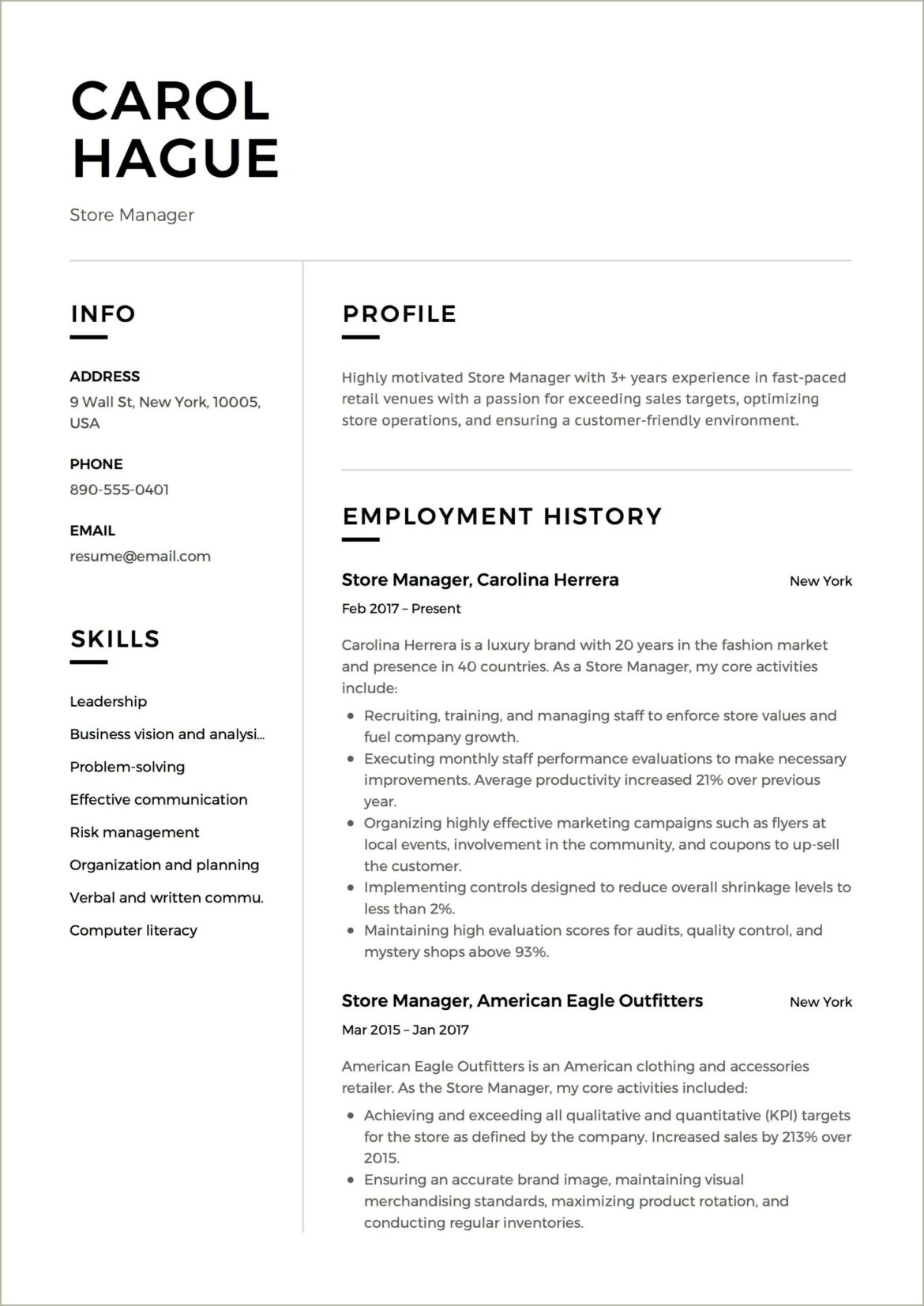 Retail Store Manager Resume Sample India