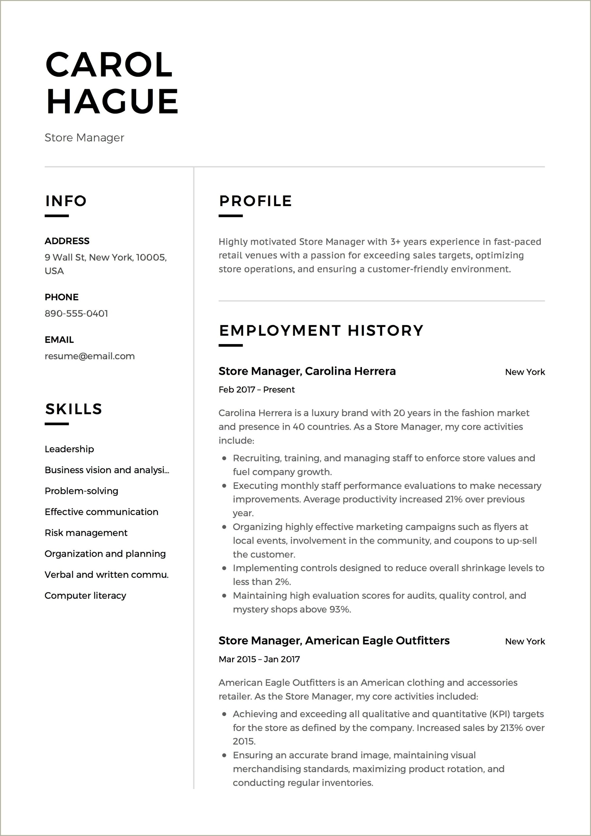 Retail Store Manager Resume Sample India