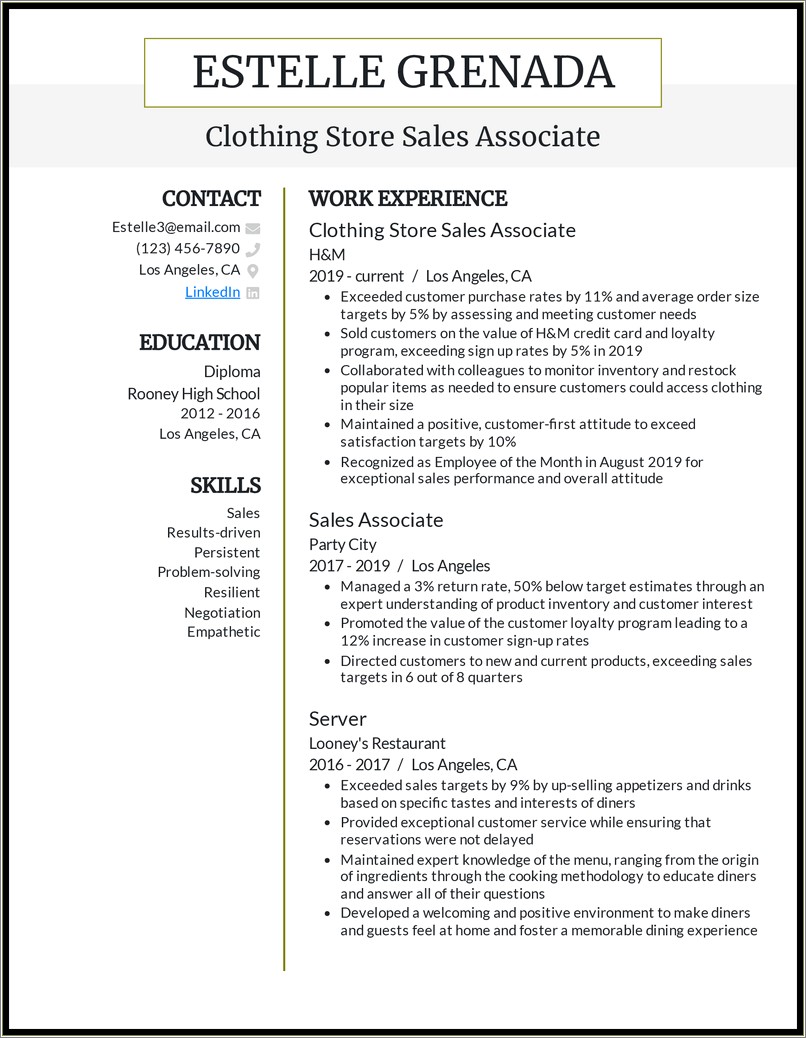 Retail Store Sales Associate Resume Sample