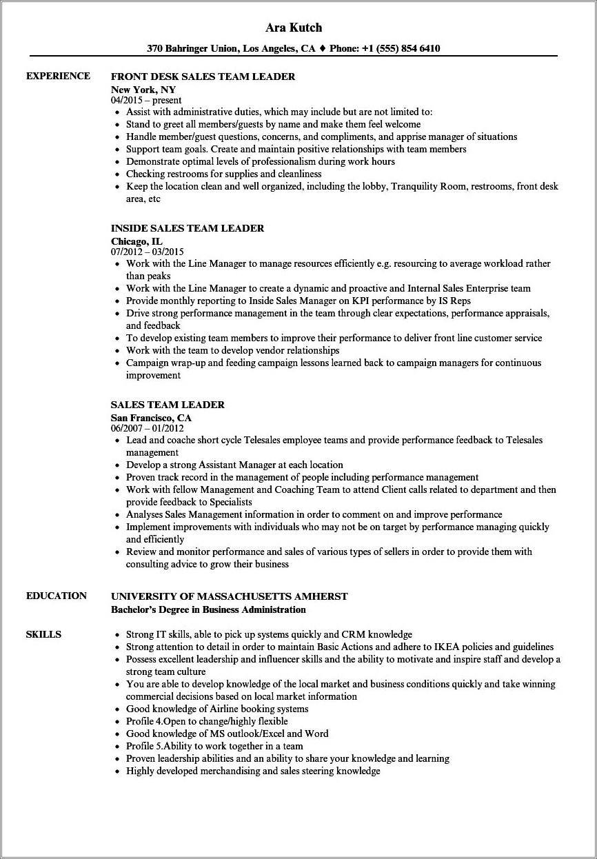 Retail Team Leader Job Description For Resume