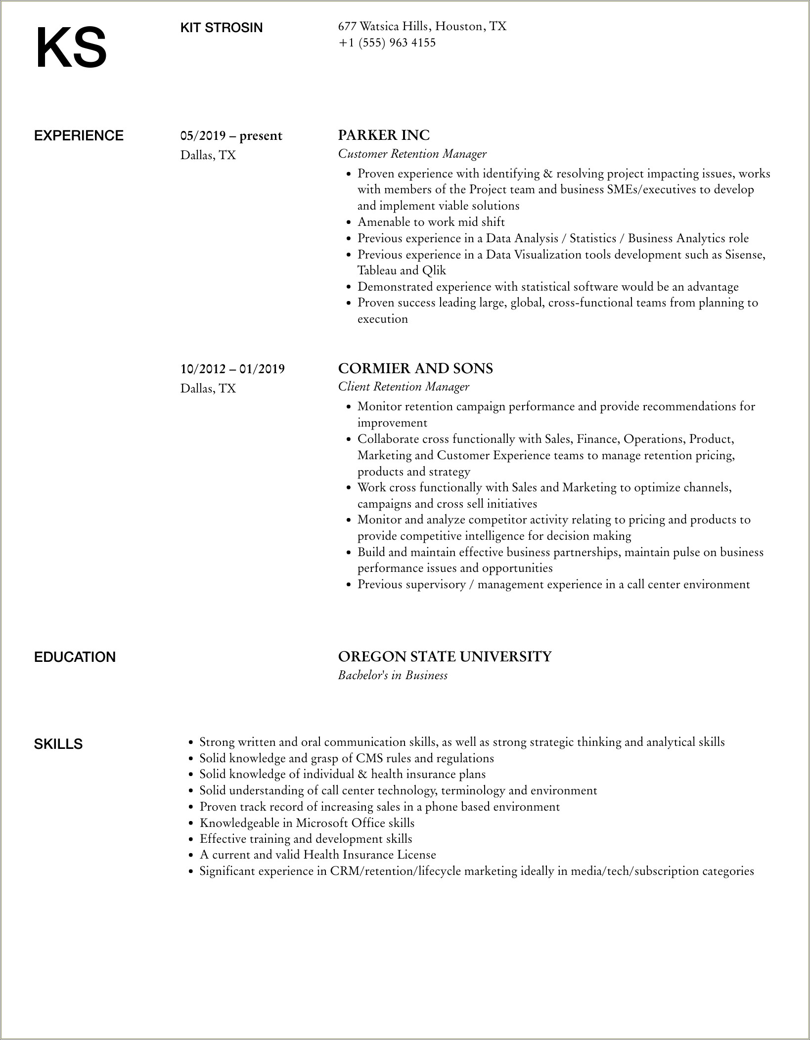 Retention Manager Job Description For Resume