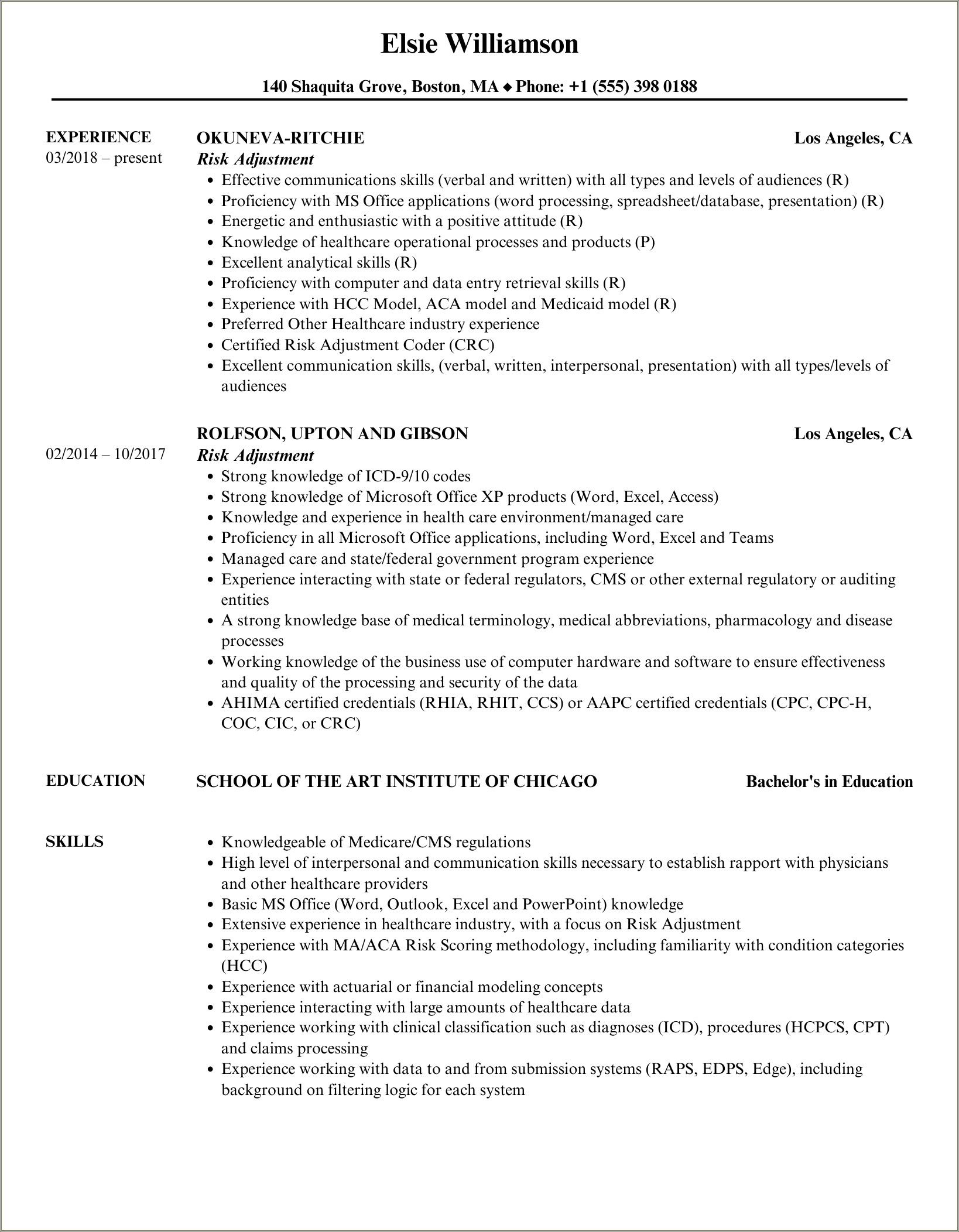 Risk Adjustment Coding Resume Adjectives Examples
