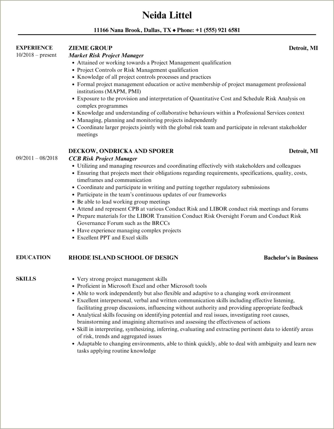 Risk Assessment Bullet Point For Project Manager Resume