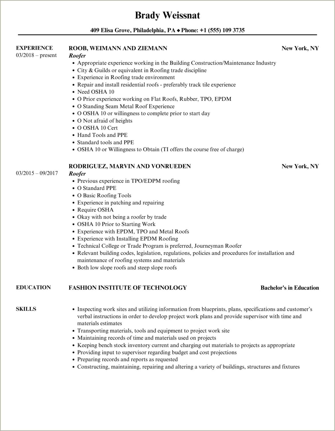 Roofing Laborer Job Description For Resume