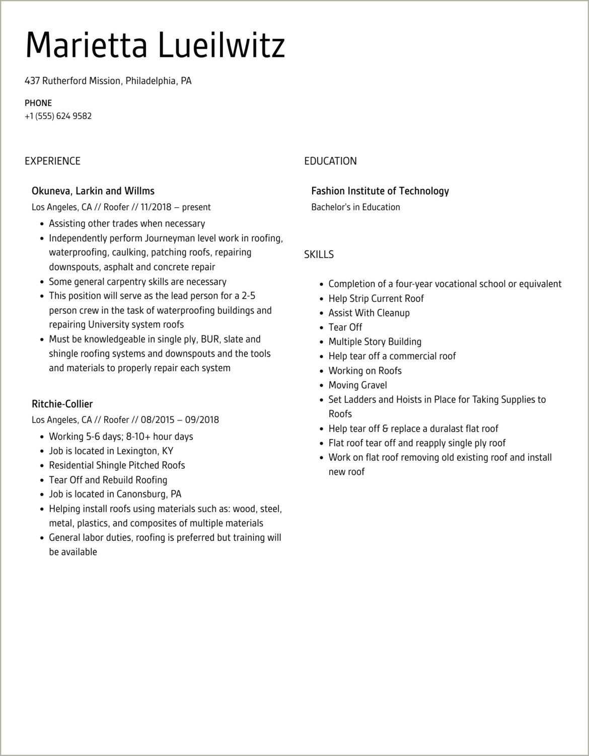 Roofing Supply Company Driver Resume Sample