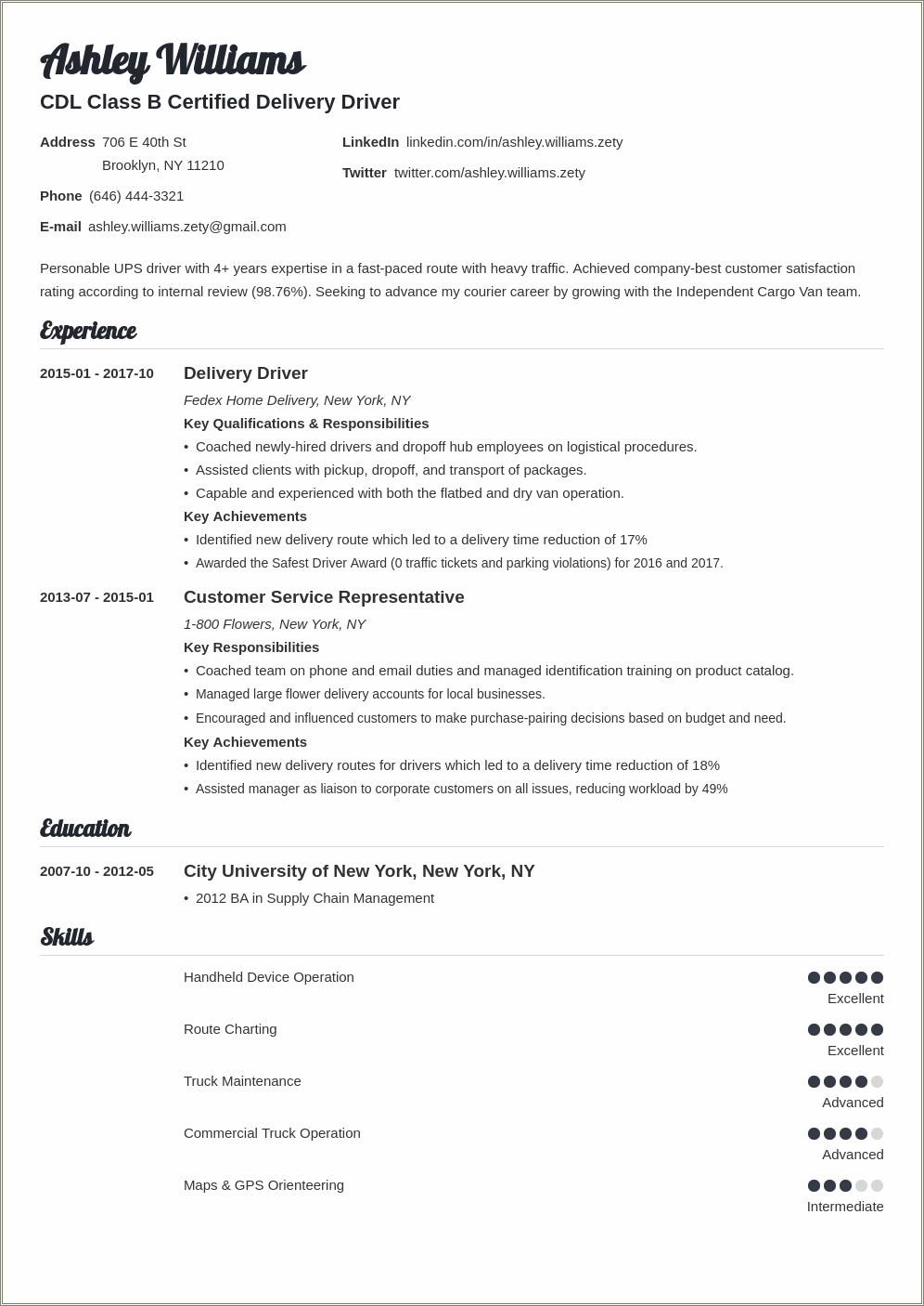 Route Delivery Driver Resume Sample Pdf