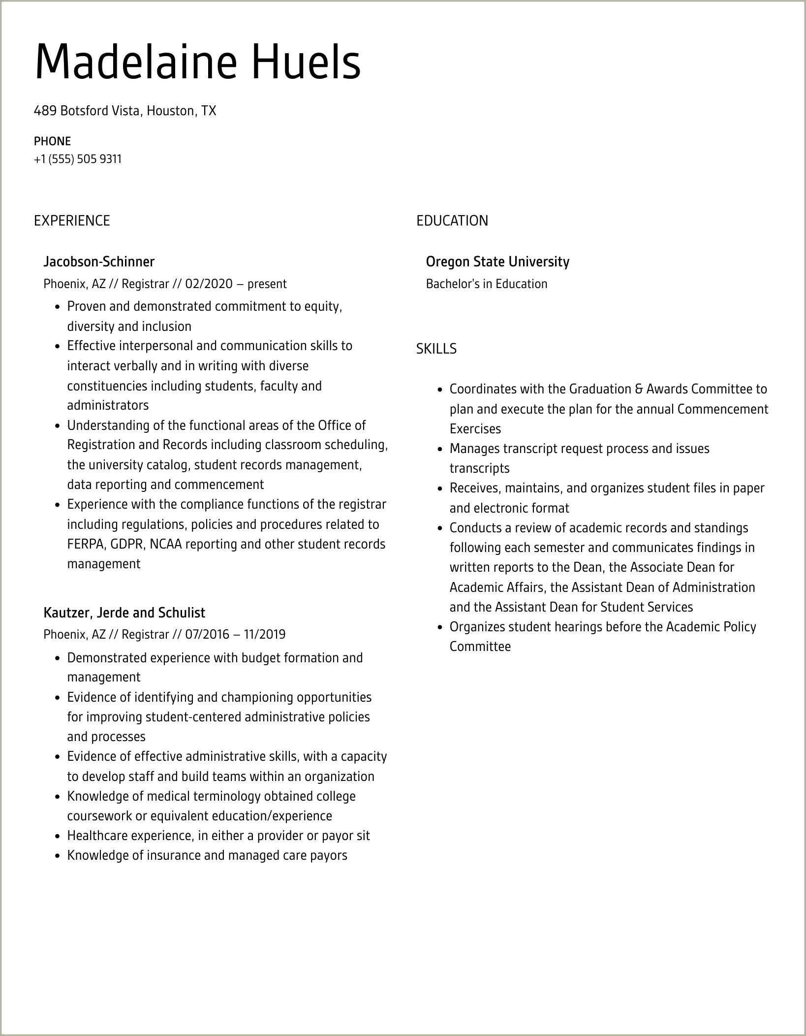 Rrisd High School Registrar Resume Job Description