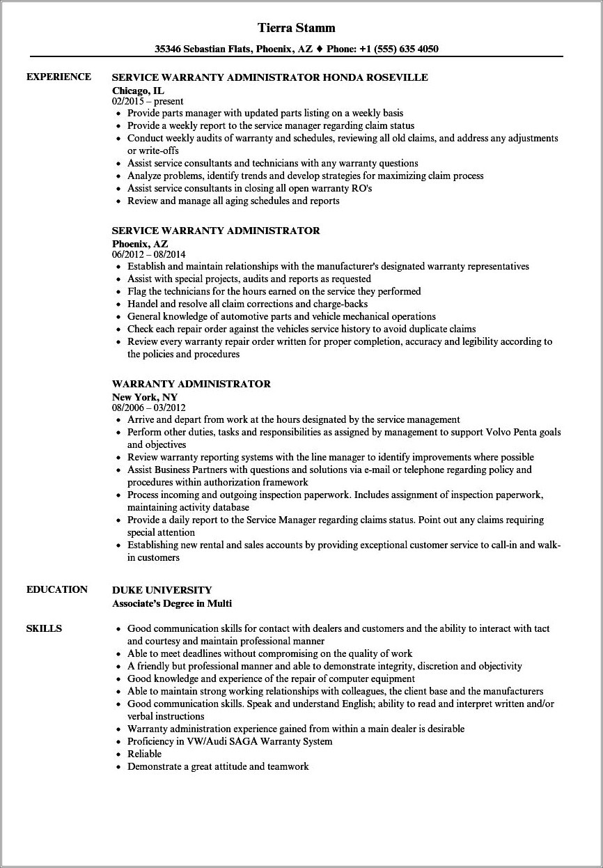 Rv Maintenance Tech Job Description Resume