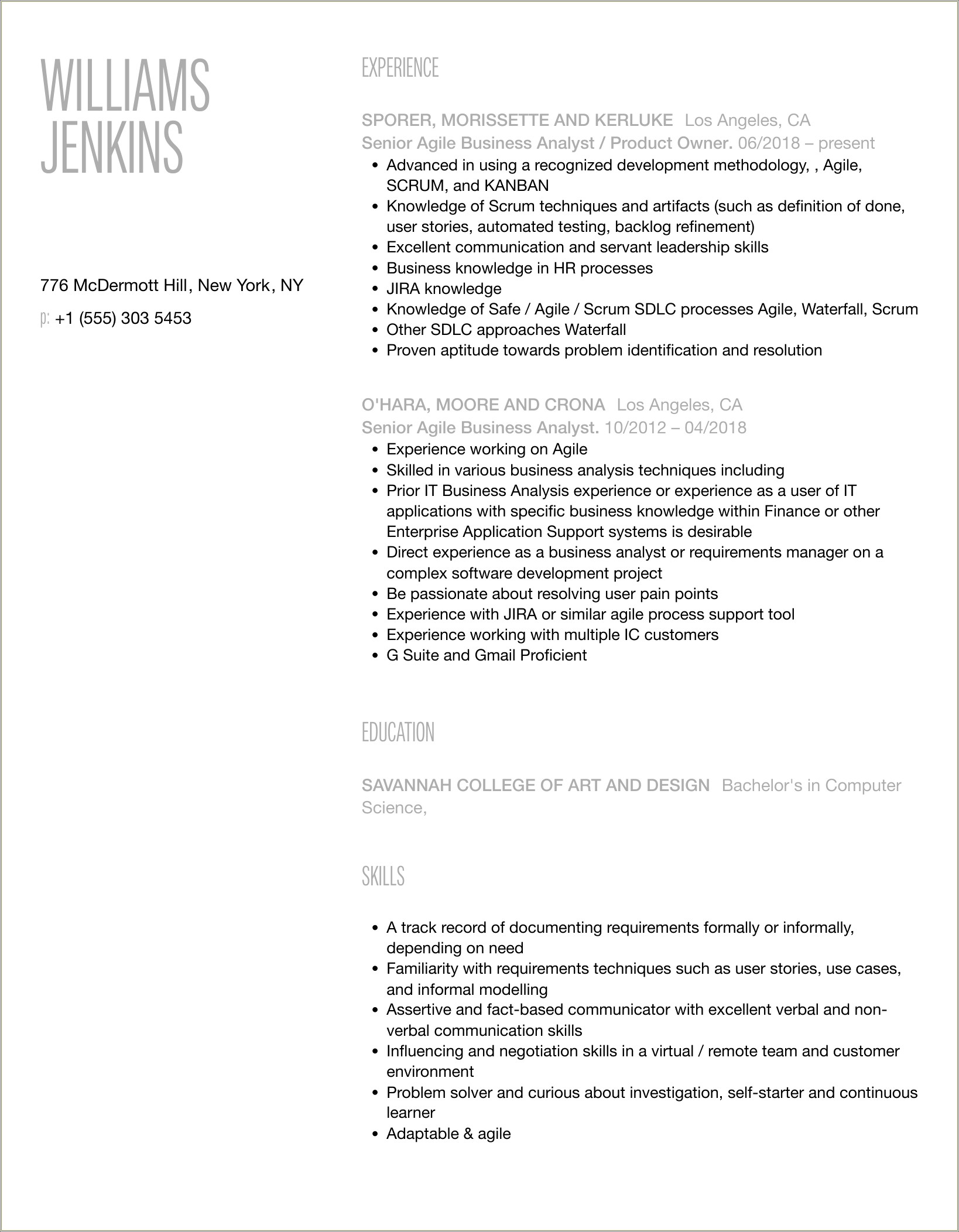 Safe Experience In Business Analyst Resume