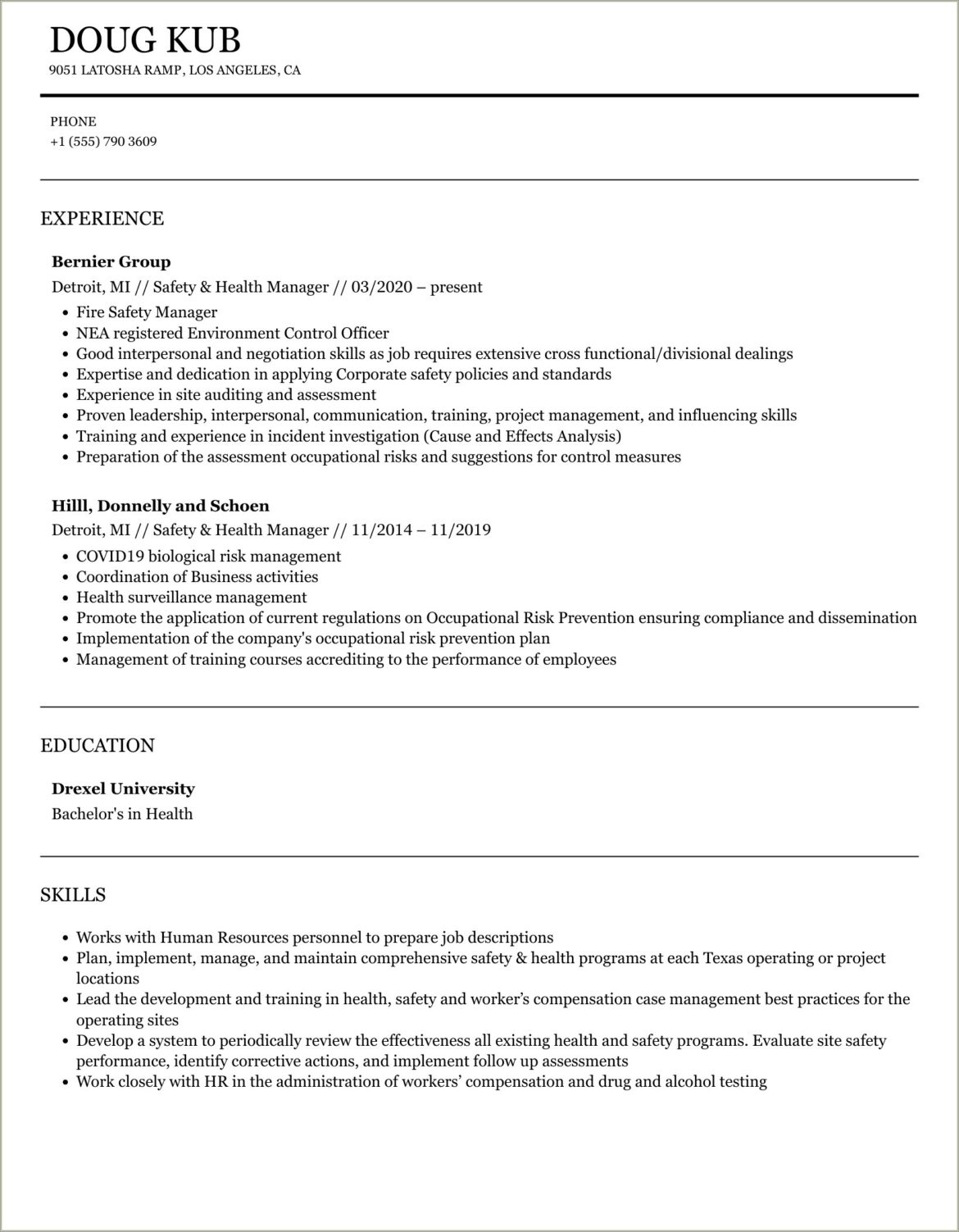 Safety And Occupational Health Manager Resume