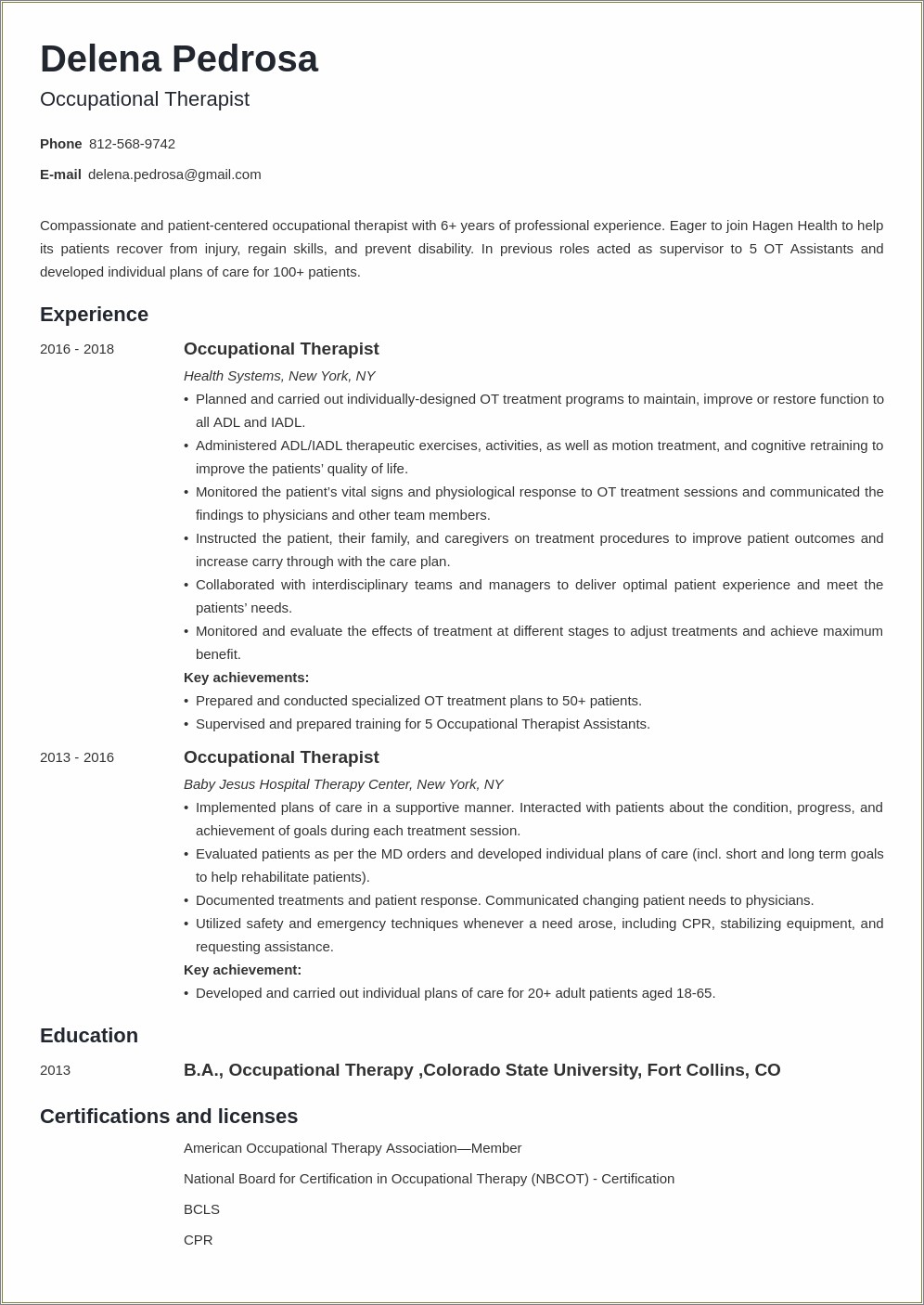Safety And Occupational Health Specialist Sample Resume