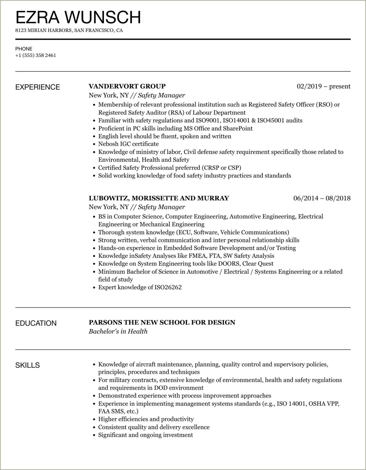 Safety Manager Resume Best Resume Sample