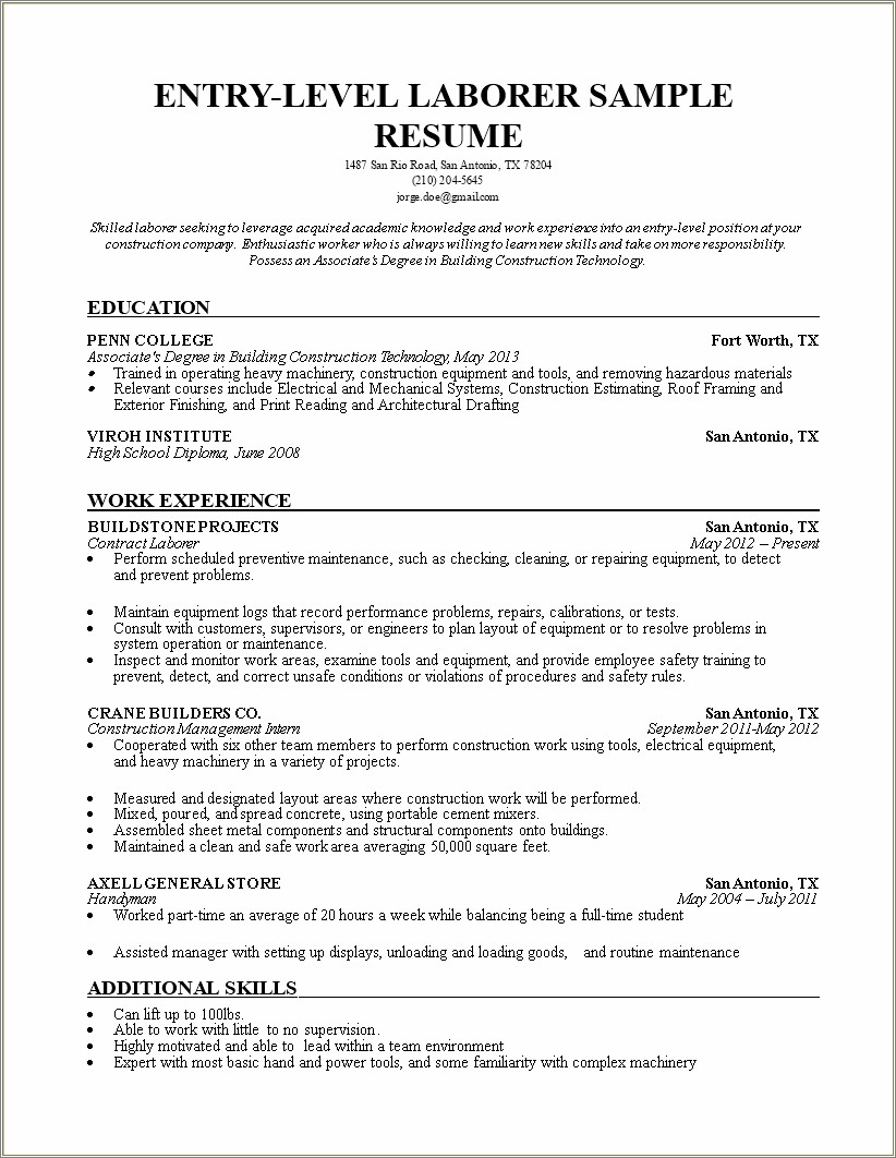 Safety Training Examples For Construction Resume