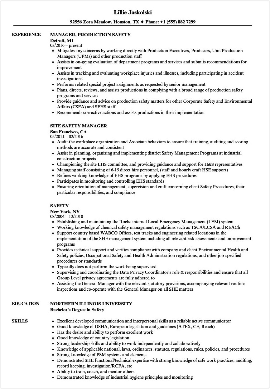 Safety Without An Injury Resume Sample