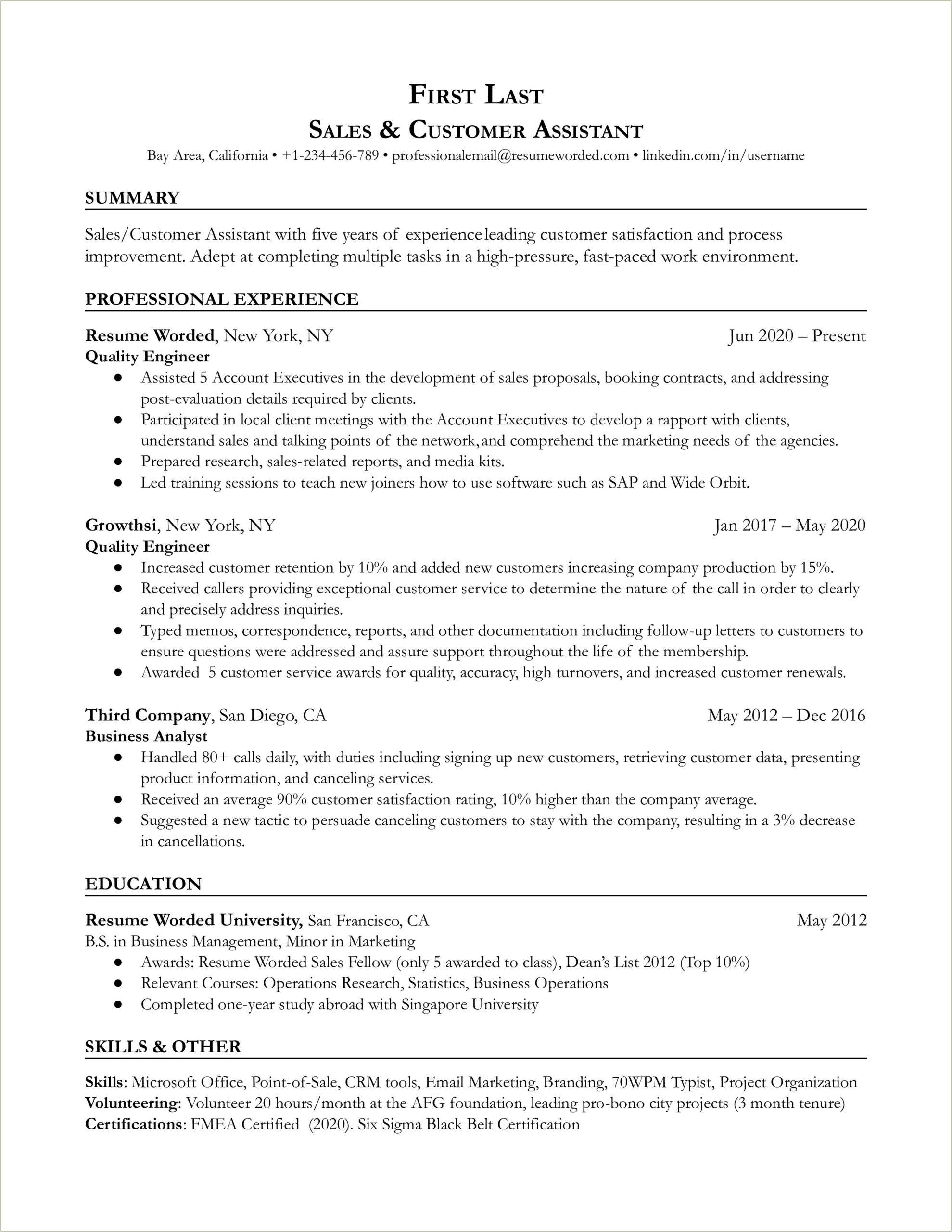 Sales And Customer Service Resume Samples