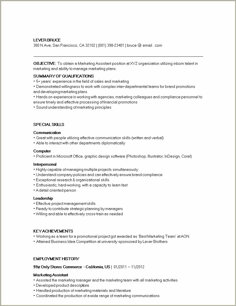 Sales And Marketing Assistant Resume Samples