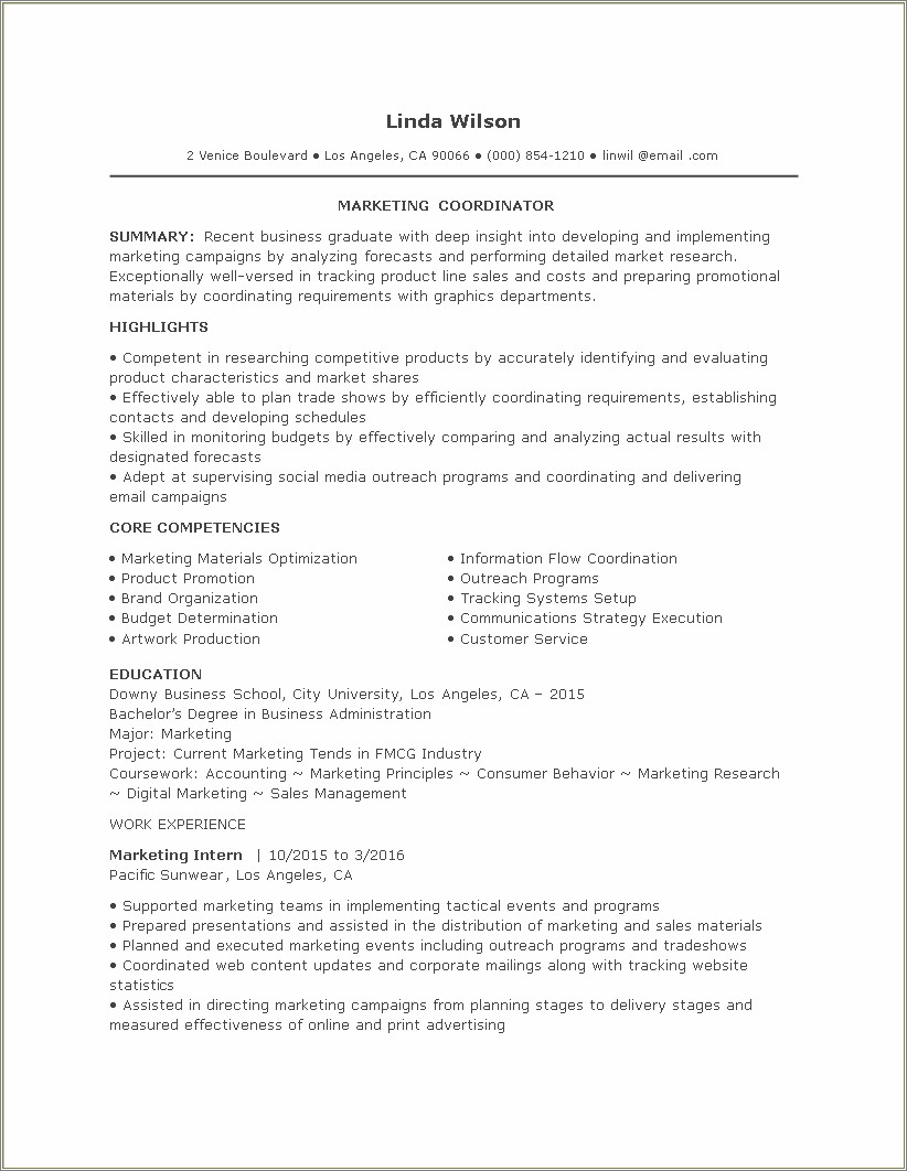 Sales And Marketing Coordinator Resume Examples