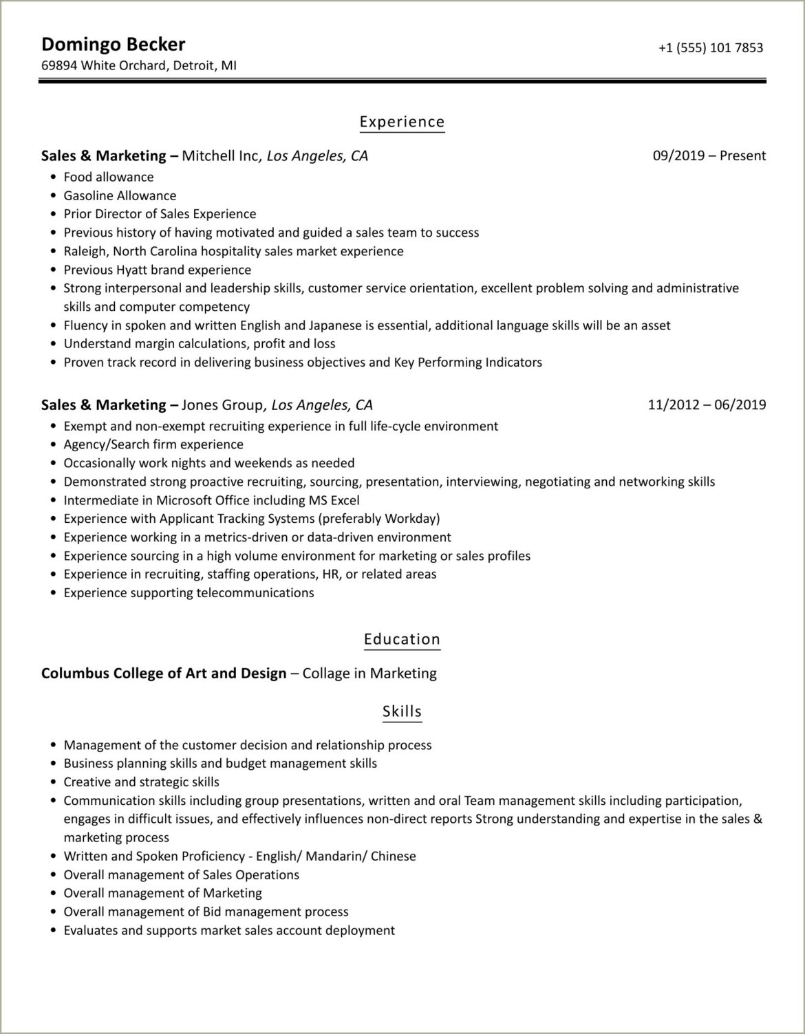 Sales And Marketing Resume Sample Doc