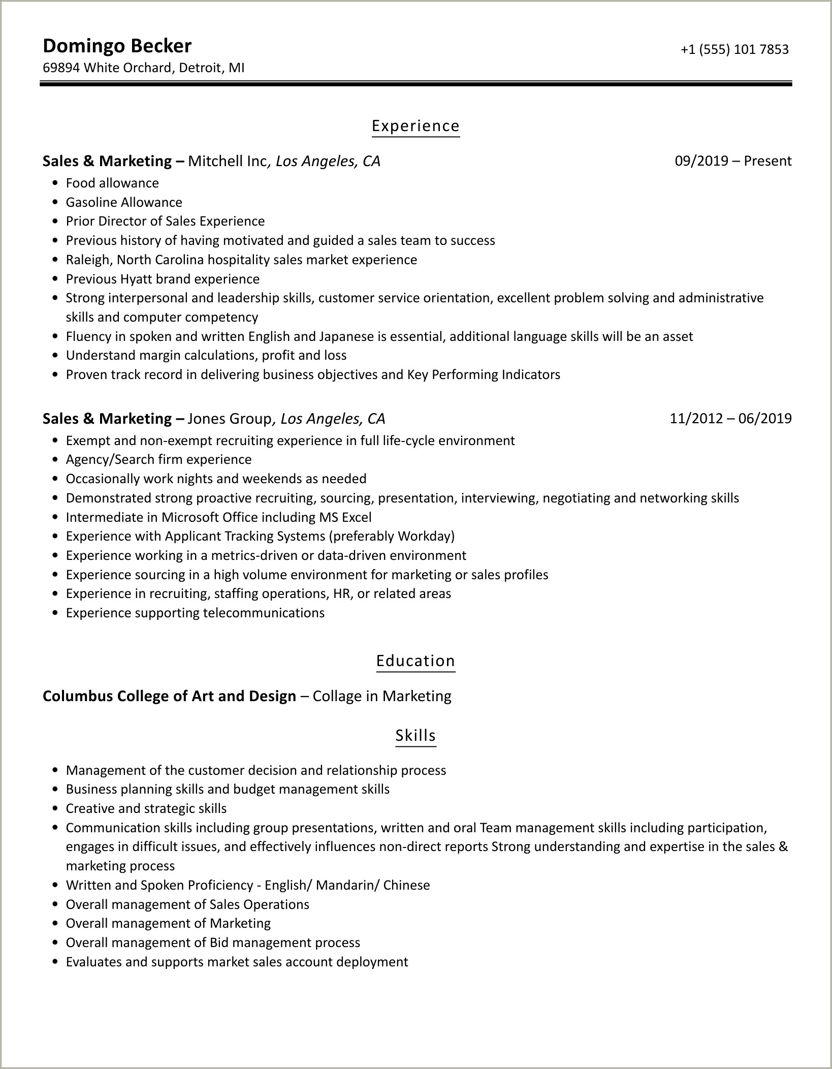 Sales And Marketing Resume Sample Doc