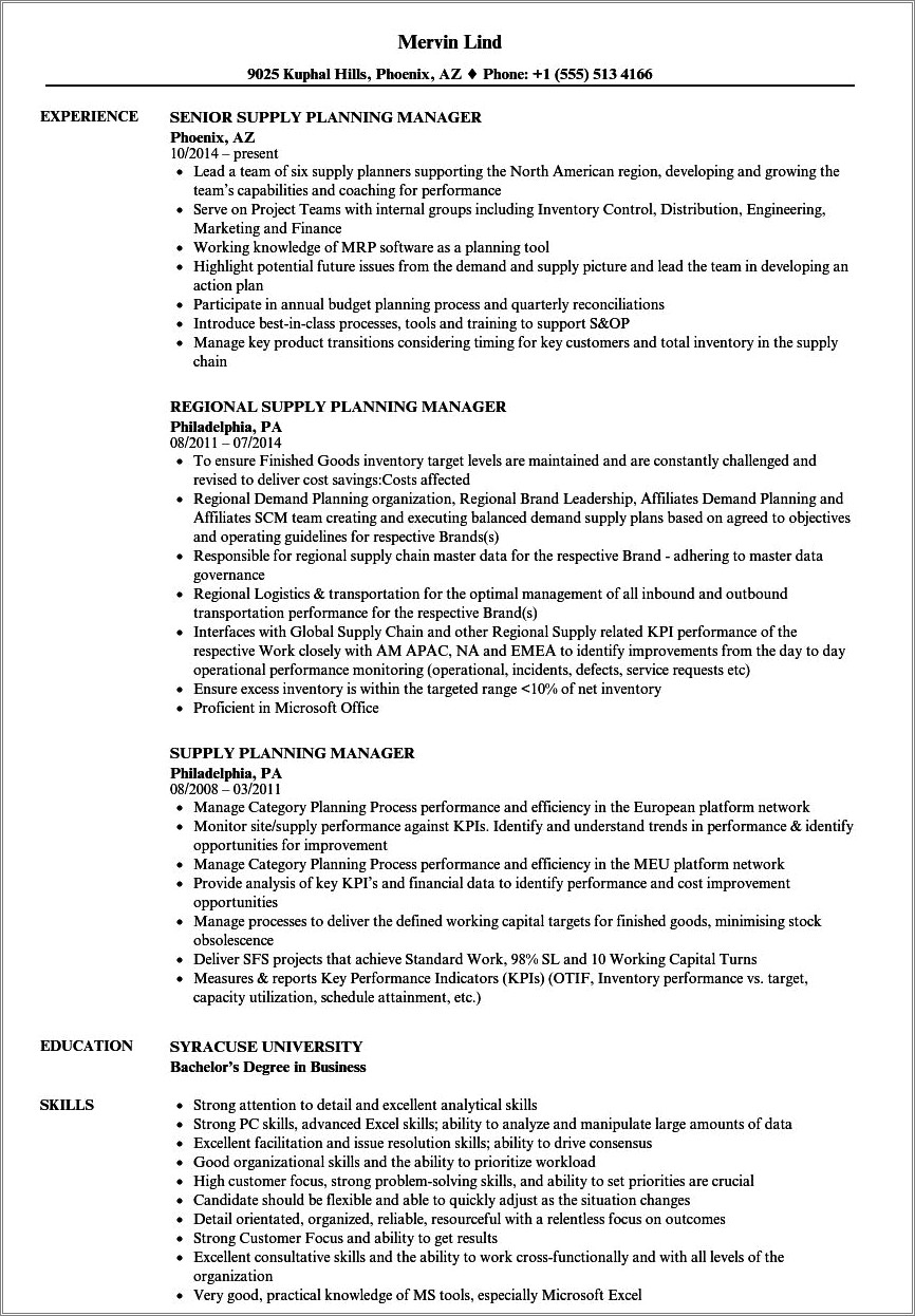 Sales And Operations Planning Manager Resume