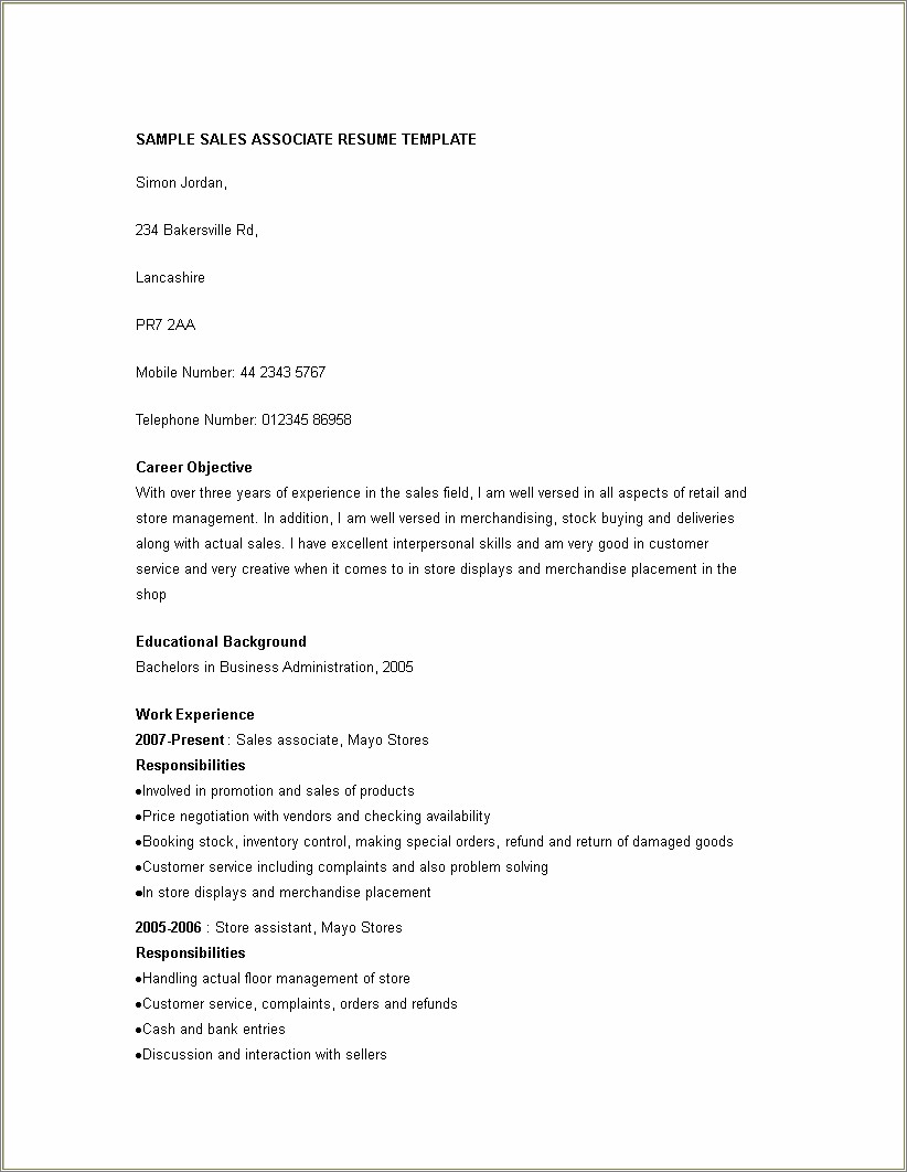 Sales Associate Cutomer Service Experience Example On Resume