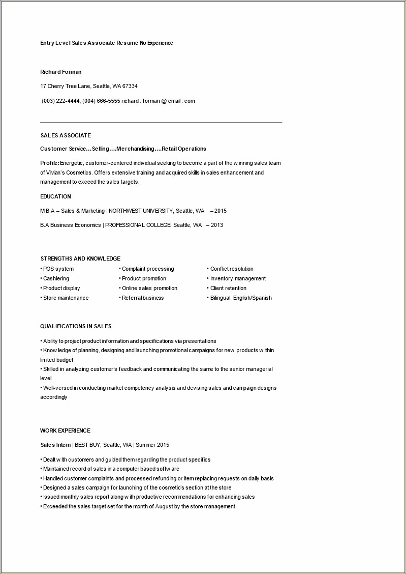 Sales Associate No Experience Resume Examples