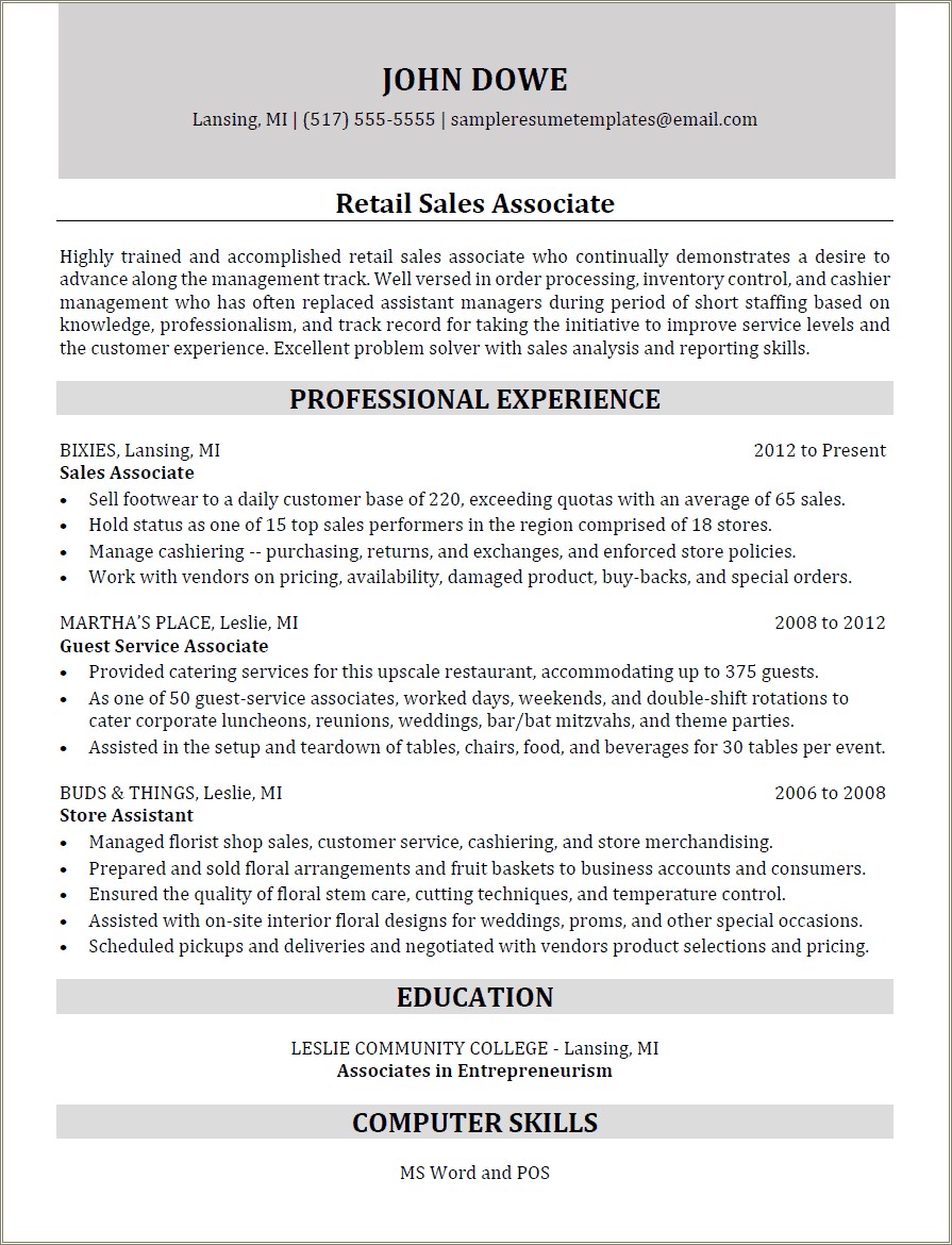 Sales Associate Words To Use On Resume