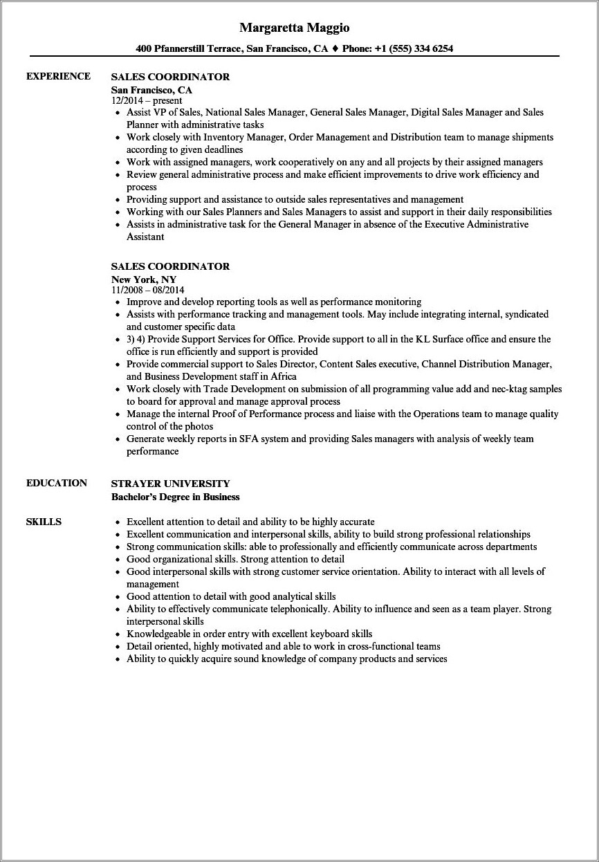 Sales Coordinator Resume Format In Word