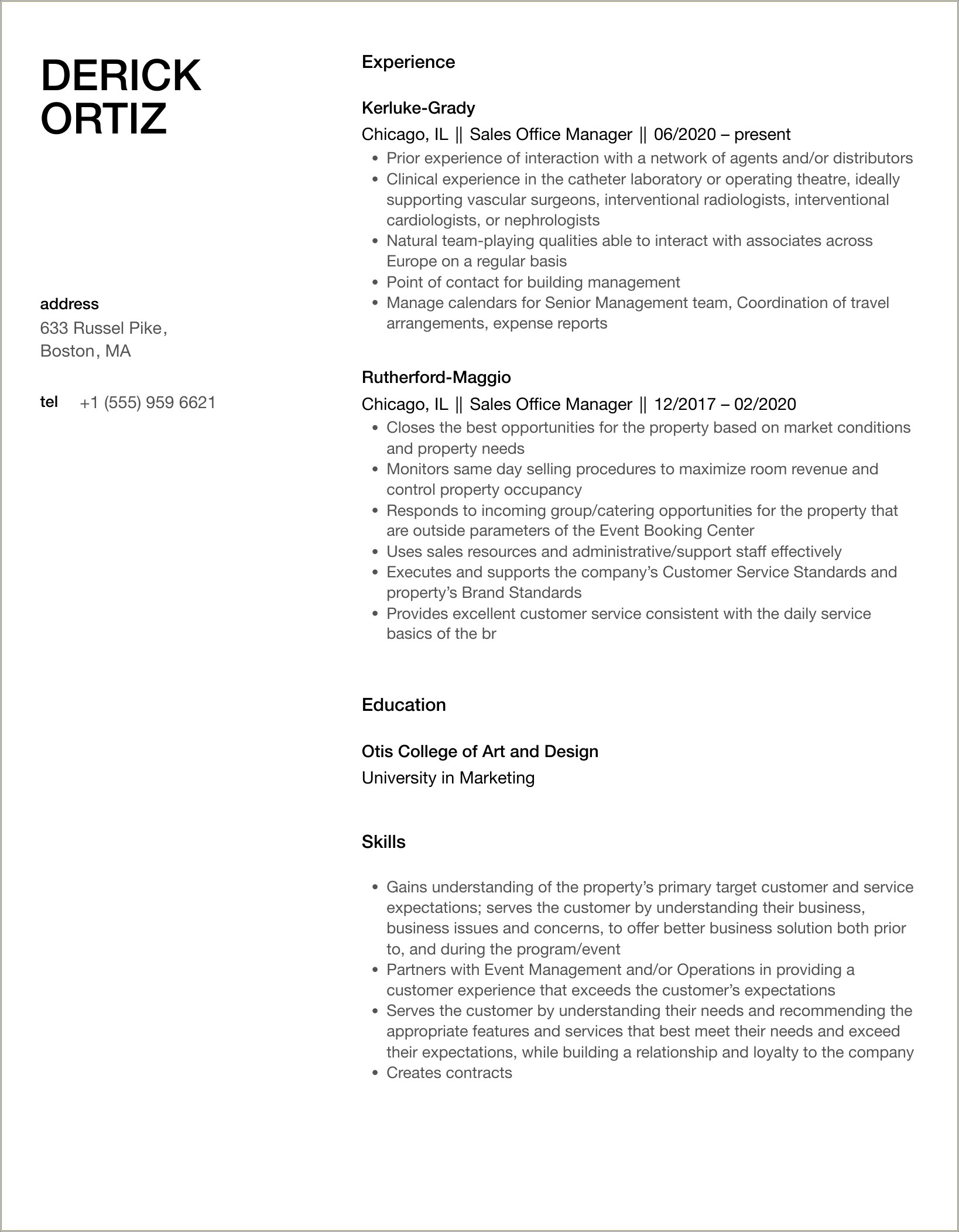 Sales Office Manager Summary For Resume