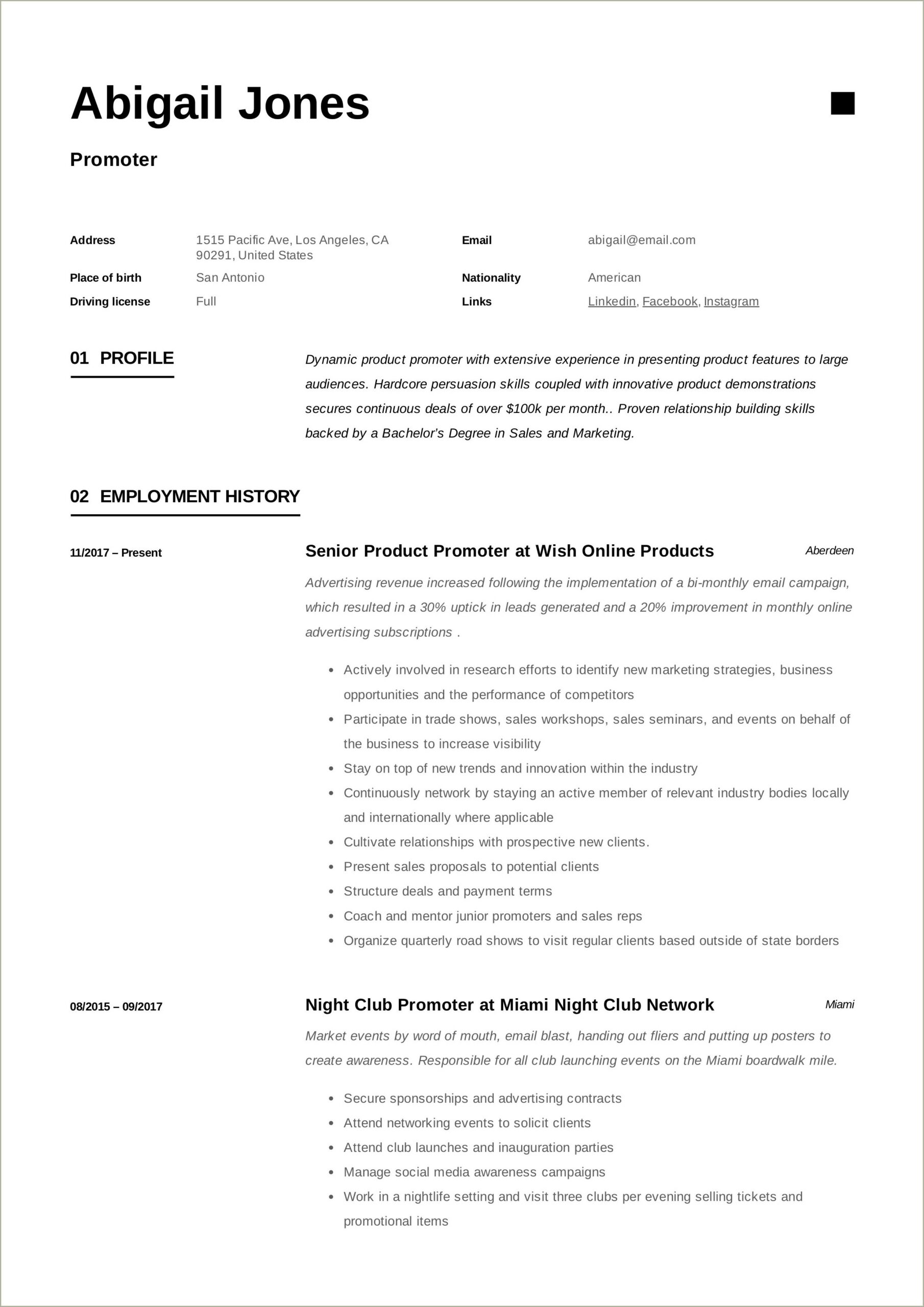 Sales Promoter Job Description For Resume