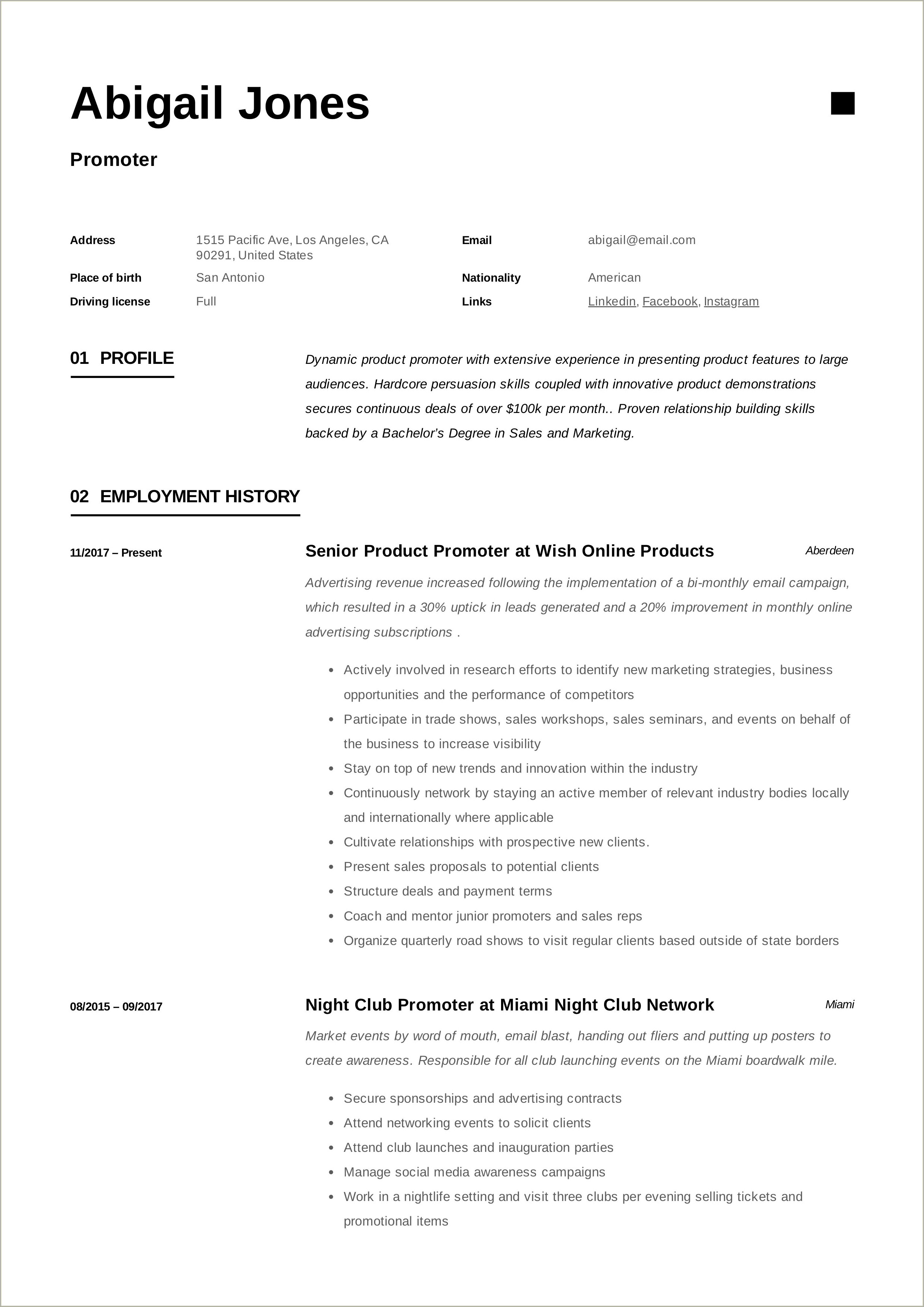 Sales Promoter Job Description For Resume