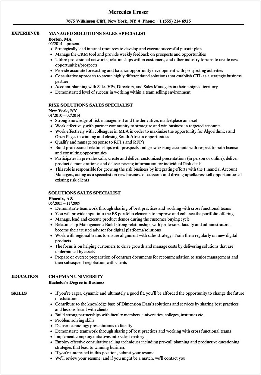 Sales Specialist Job Description Sample Resume